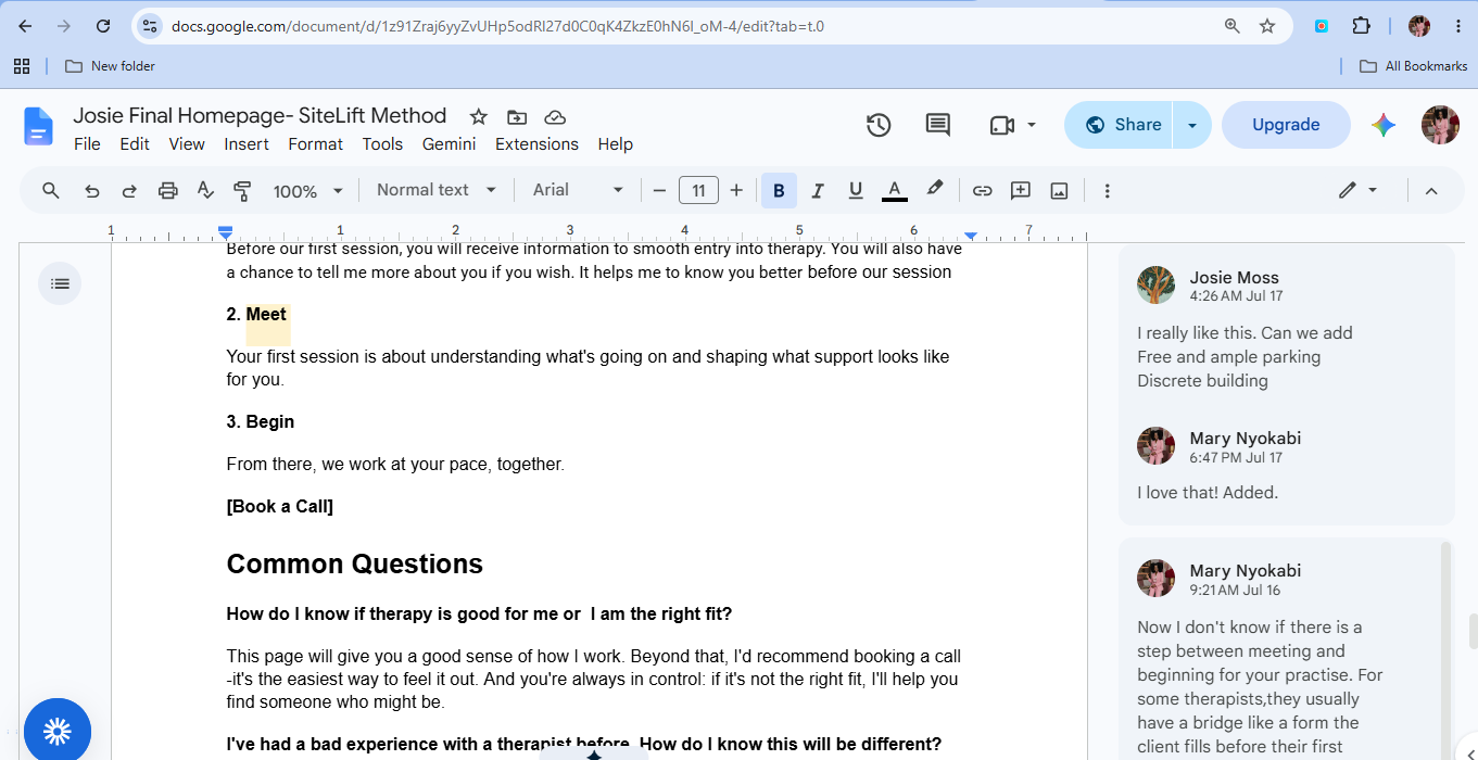 Mary collaborating with a therapy client on homepage messaging