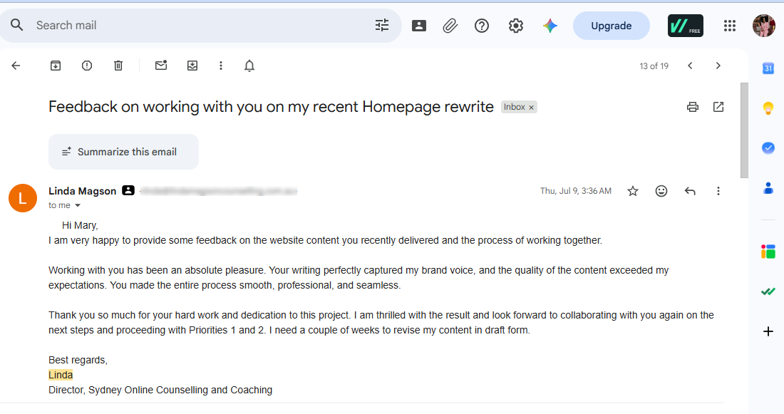 Email testimonial from Linda Magson
