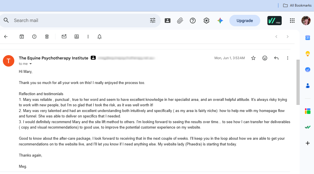 Email testimonial from Meg Kirby